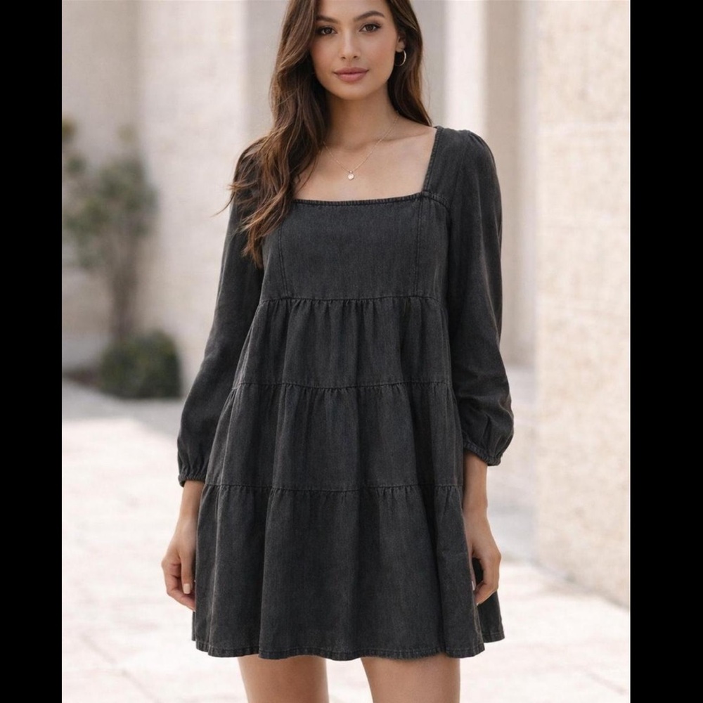 Square Neck Dark Wash Tiered Long Sleeve Denim Dress L - Picture 9 of 9